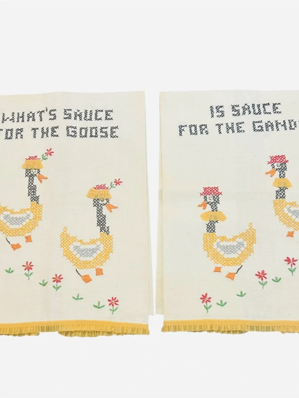 Vintage handmade 2 kitchen linen and geese embroidered set towels